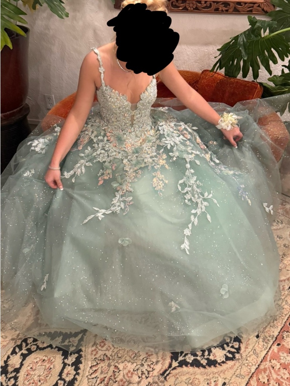 Sparkly Floral Ball Gown Dress in Sage Green